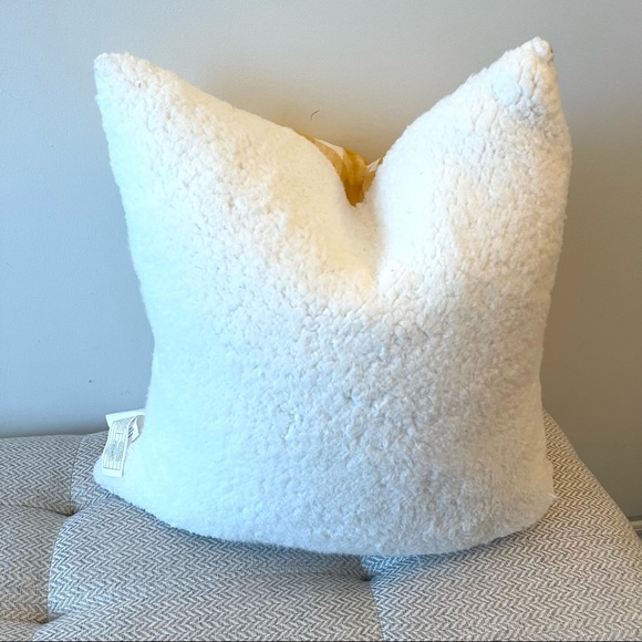 NWT Rae Dunn “Family” yellow gingham down filled pillow with faux shearling back - Picture 3 of 3